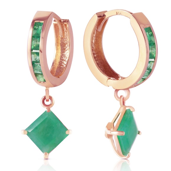 14K SOLID GOLD HOOP EARRING WITH DANGLING EMERALDS - Picture 2 of 5